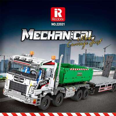 Reobrix22021动力工程吊钩起重车遥控积木模型益智拼插装玩具