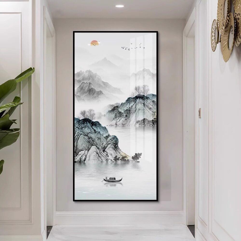 新中式山水风景入户玄关装饰画 画现代高档壁画 画客厅走廊过道竖