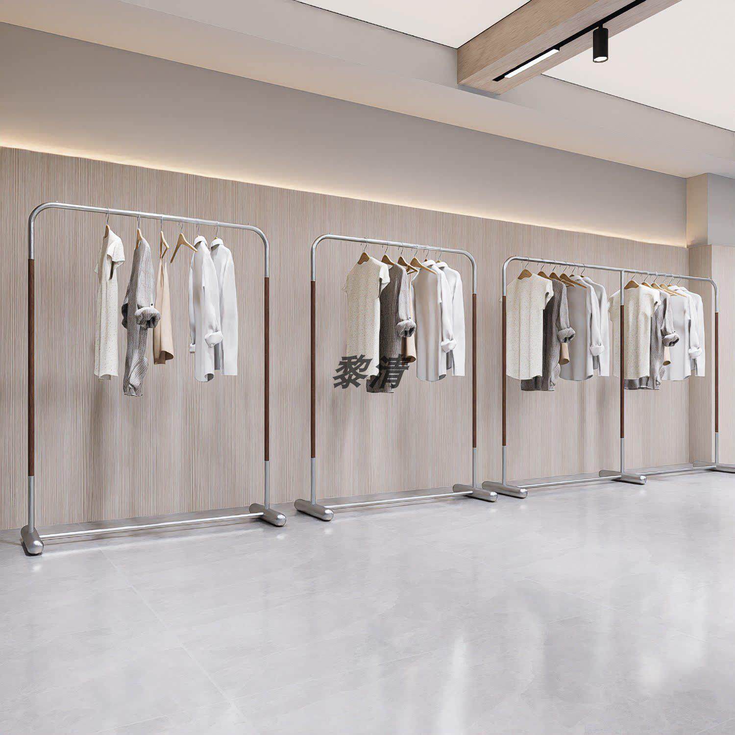 实木纹服装展示架不锈钢陈列架落地式侧挂中岛架男女装挂衣杆货架