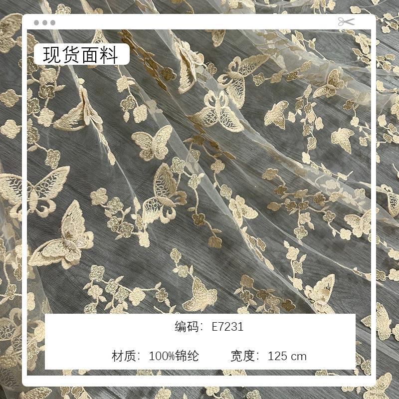 蝴蝶网纱绣花面料女裙女童纱裙立体绣绣花面料春夏薄款蕾丝绣花布