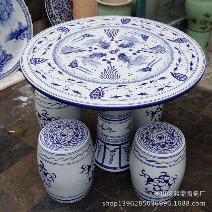 景德镇陶瓷瓷桌 手绘荷花鱼莲年有余陶瓷桌子凳子家居庭院餐桌