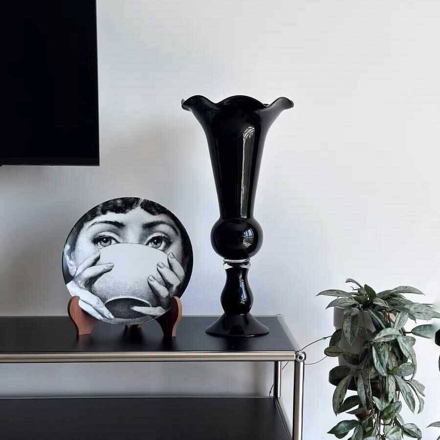 中古法式黑色高脚杯玻璃花瓶高款家居装饰客厅艺术花瓶摆件ins风