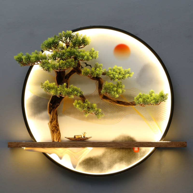 新中式晶瓷装饰画茶室客厅沙发背景墙装饰圆形仿真迎客松挂件挂画图片