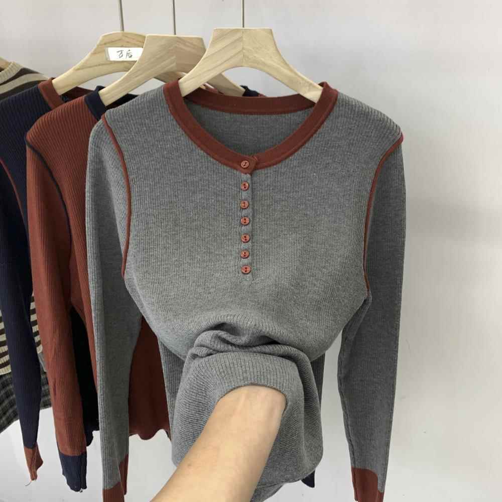 秋冬遮肚显瘦80-200斤纽扣圆领长袖针织衫女洋气百搭打底上1204z