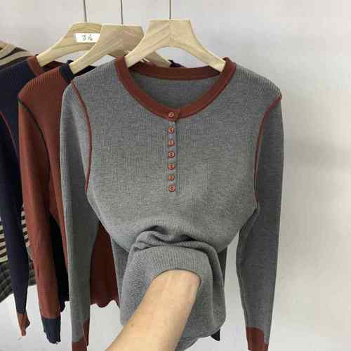 新款洋气秋冬遮肚显瘦纽扣圆领长袖针织衫女百搭打底上1218h