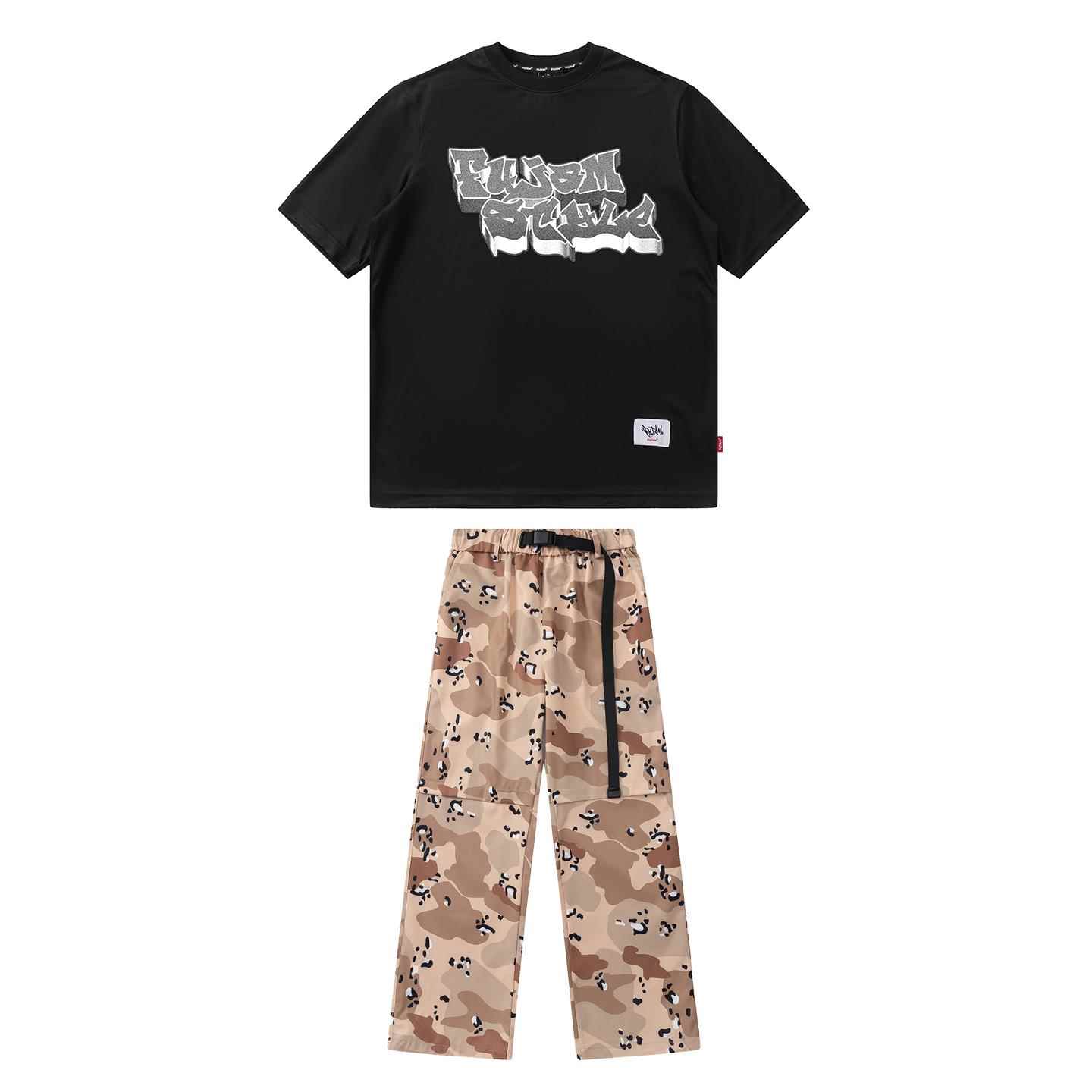 高档FU街JAM潮牌童装儿童舞演服美式印花短裤袖工装迷彩跳舞出衣