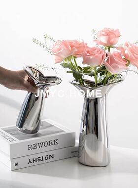 简约轻奢电镀玻璃花器软装饰品样品房间客厅茶几餐桌插干花瓶摆件