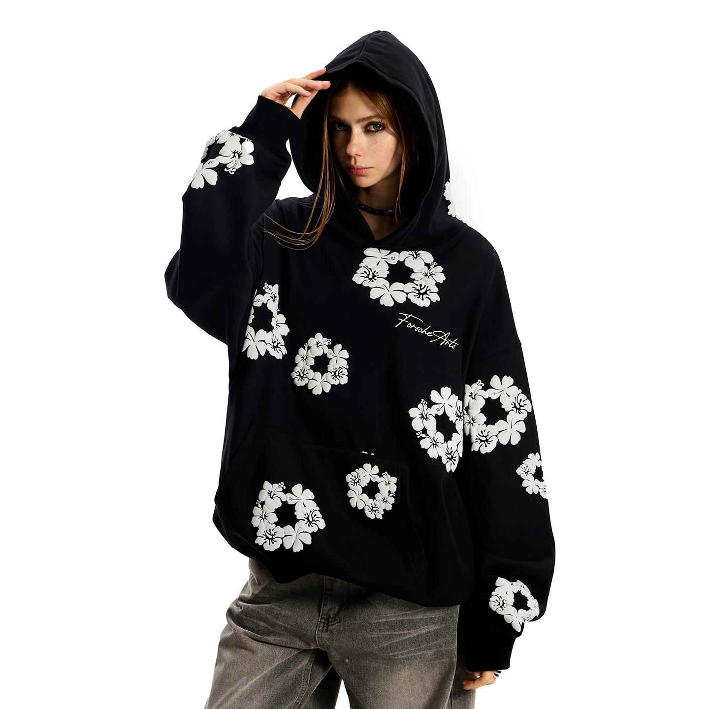 0123start 花卉发泡满印潮牌连帽卫衣女宽松美式复古秋冬情侣外套