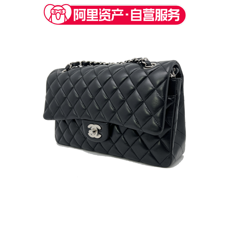 全新Chanel香奈儿cf中号黑色羊皮银扣双盖单肩斜挎女士链条包