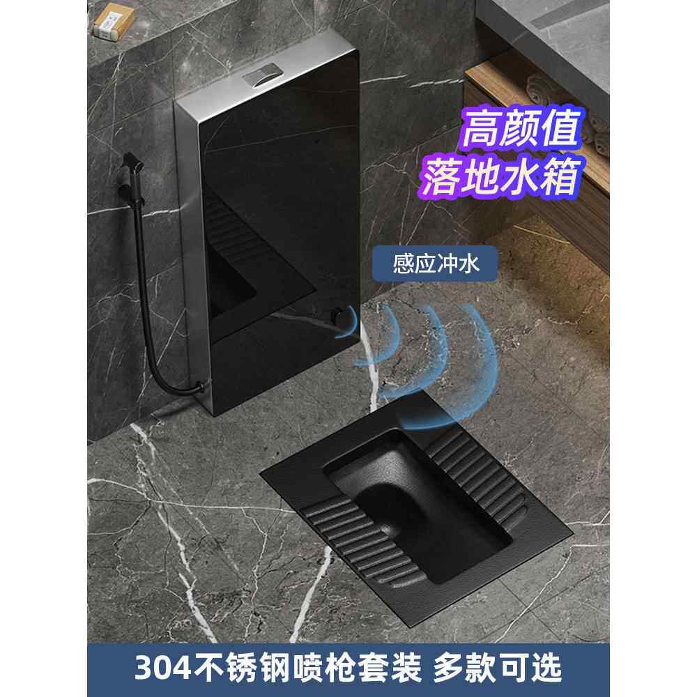MEIYE黑色蹲便器蹲坑式防臭蹲便箱池冲家用536落地水感应箱水整套