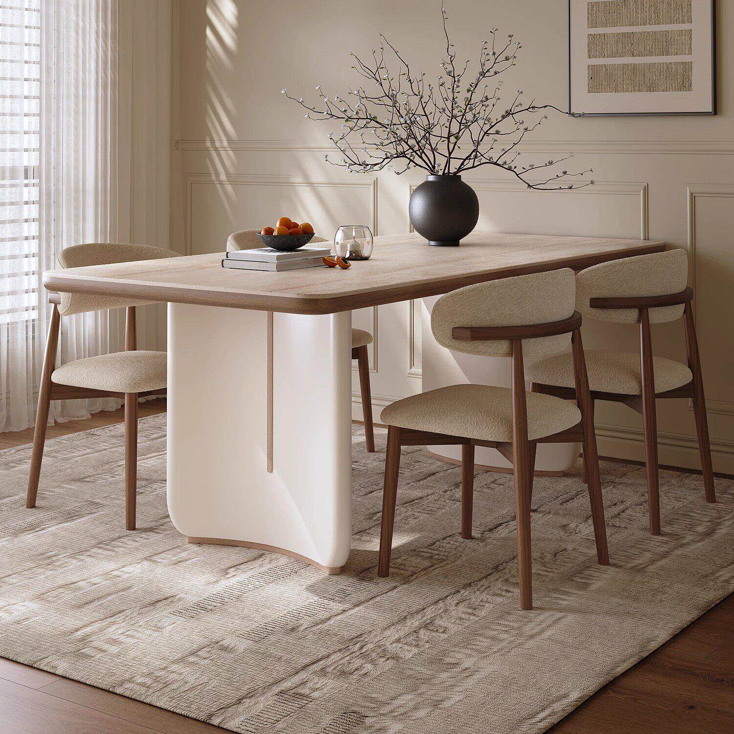 法式覆古实木灰石板餐桌椅组合彷古白色简约现代时尚餐桌椅