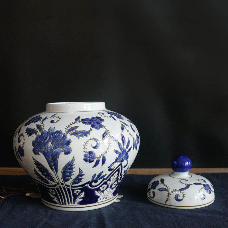 陶瓷器唯美青花瓷花插花瓶陶瓷瓷储物罐摆设手工堆釉罐