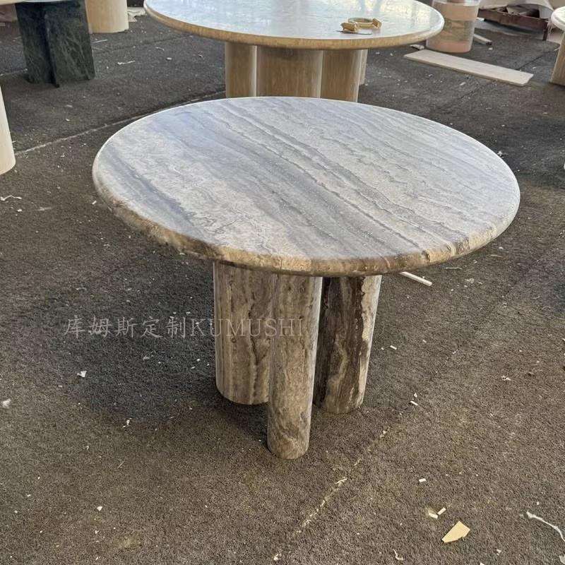 意大利天然灰洞石圆形餐桌设计师样板房家用创意轻奢餐厅茶谈桌