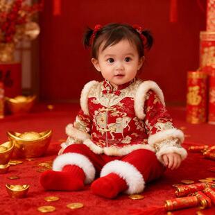 中国风女童唐装加厚冬季新年喜庆拜年服男童红色汉服冬装礼服套装