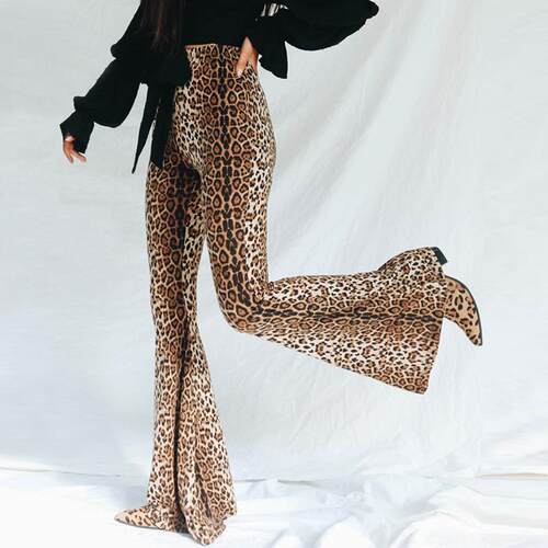 Womens Leopard Print High Waist Flare Leg Pants Street