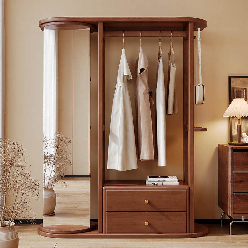 实木衣帽架落地卧室带镜子简约家用门后挂衣架多层置物架子收纳柜