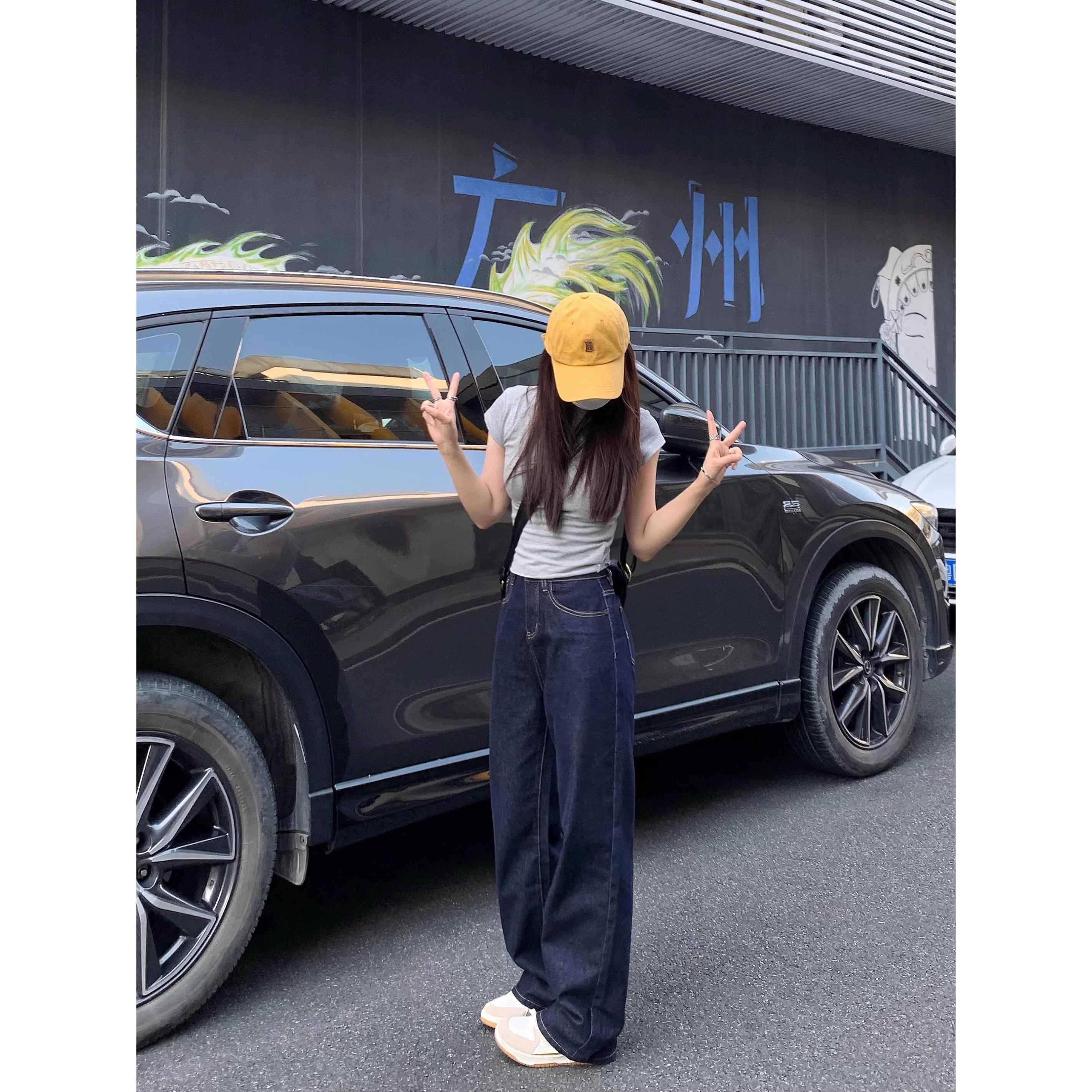 纯哥家深蓝色直筒牛仔裤女2025年春季新款高腰宽松显瘦窄版阔腿裤