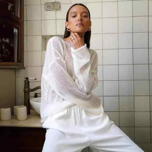 sweater neck through see fashion -shirt oversize women