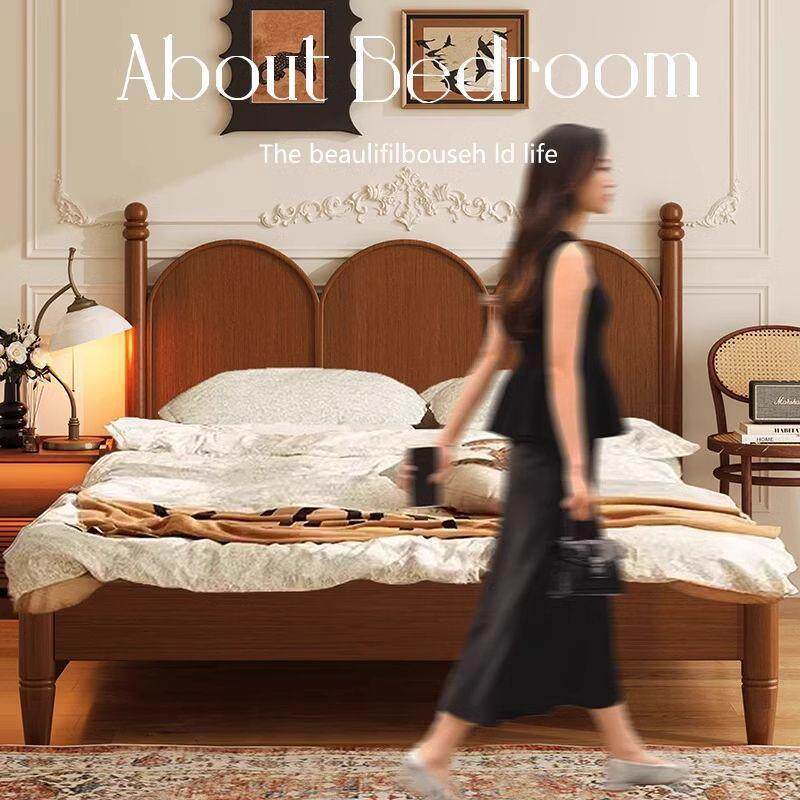 北欧实木床现代简约1.5M1.8M双人床中古风床主卧法式复古床小户型