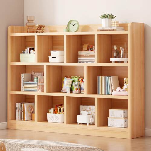 实木书架落地儿童书柜一体靠墙矮柜家用简易格子置物架收纳储物柜