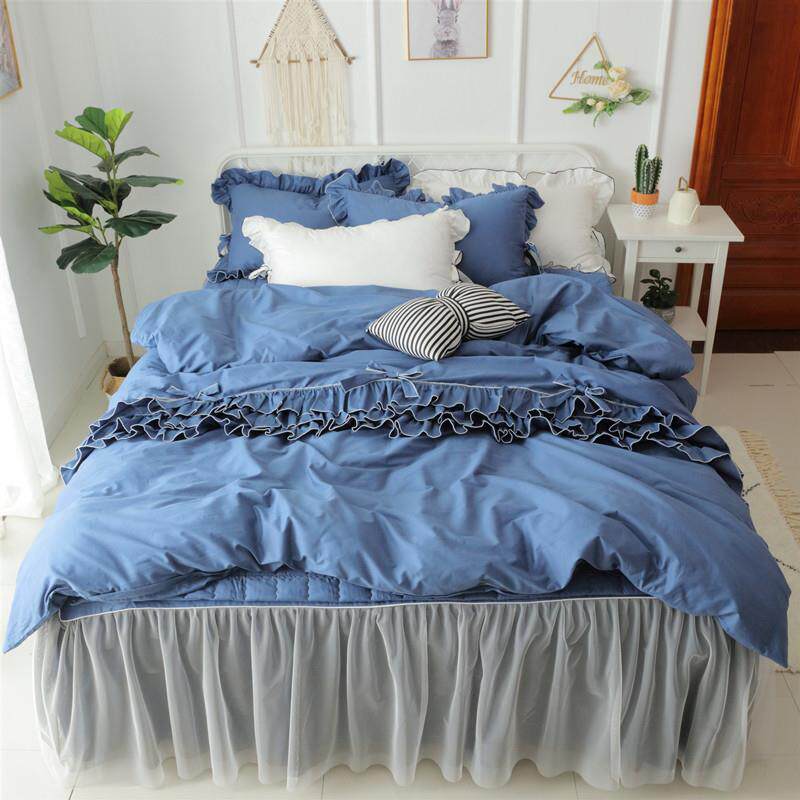 新款公纯棉裙式四件套全棉蕾丝风主粉色1.8m简约双人被套床上床用