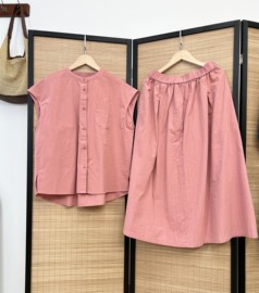 日系  粉色薄荷绿纯棉文艺简约圆领背心无袖衬衣和半身裙 可单拍