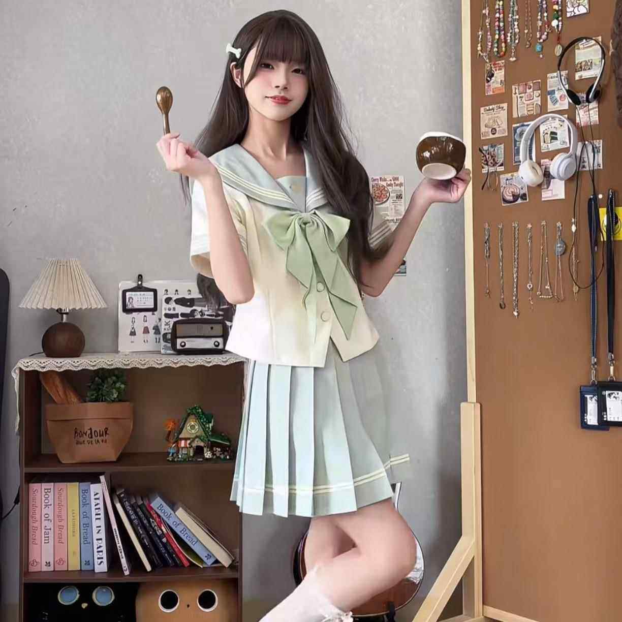 Mu薄荷绿JK制服套装花绀女夏季学院风衬衫百褶裙收腰水手服两件套