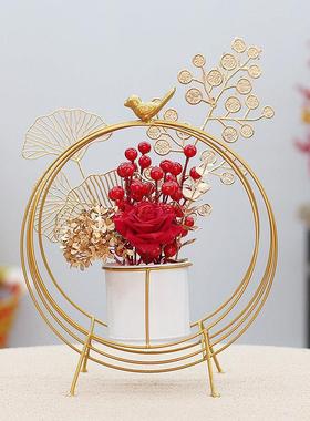 铁艺小鸟圆环花器金色黑色创意插花摆件发财红果仿真花装饰空福桶