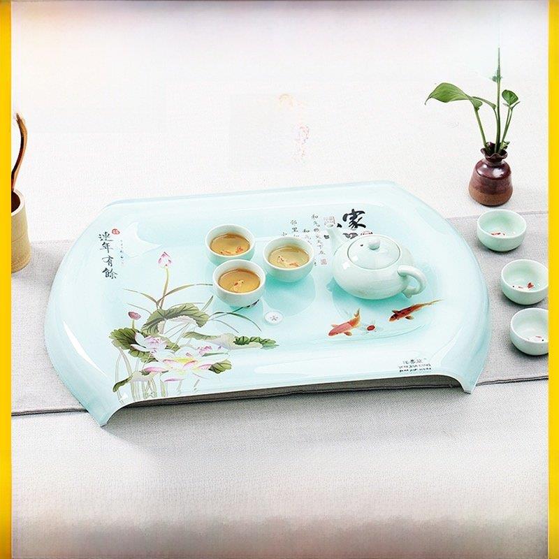 友家亭家居客厅茶具一体钢化玻璃茶盘矩形曲脚大茶盘玻璃