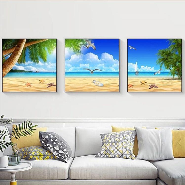 代客厅装饰三联画大DMQ气风景晶瓷镶现钻画有框挂画餐厅卧室海画