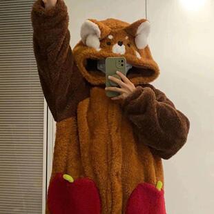 小浣熊睡衣女款冬季睡袍珊瑚绒加厚加绒长款连体秋冬天家居服套装