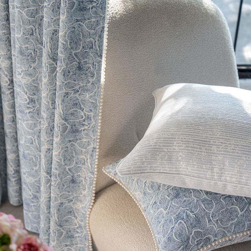 雾霾蓝色法式中古风雪尼尔提花窗帘成品遮光客厅卧室整批布料