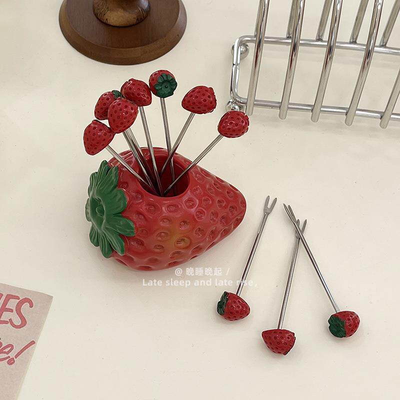 水果叉不锈钢草莓造型家用客厅儿童可爱水果签蛋糕零食小叉子