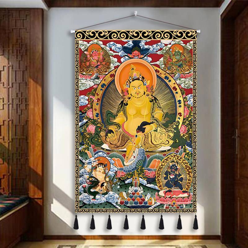 藏式唐卡黄财神佛像布艺挂画装饰画墙布玄关过道挂布背景布定制