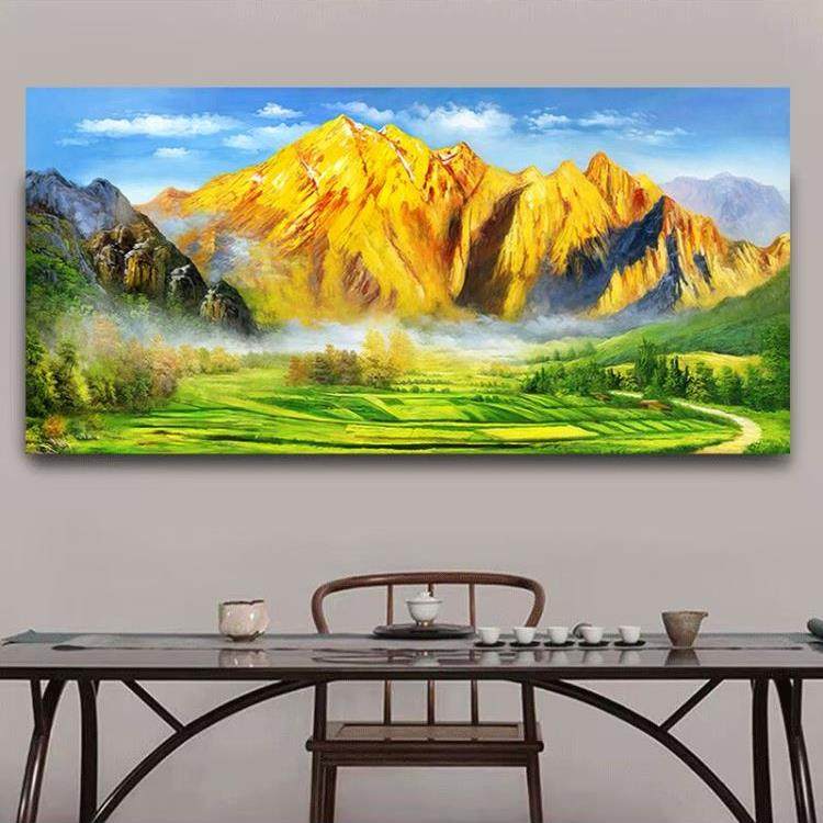 聚宝盆背靠金山人财两旺靠山图自粘画客厅办公桌山水风景画挂轴画