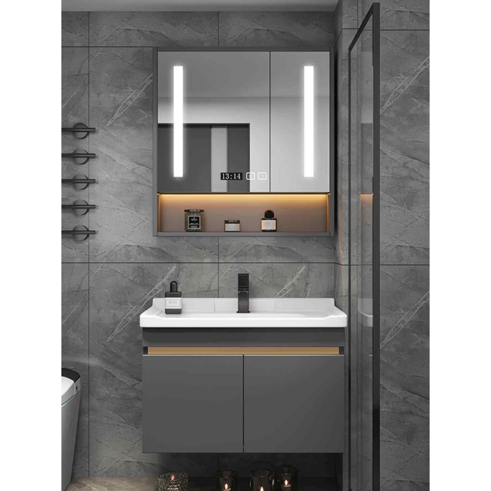 卫生间浴室柜组合陶瓷一体洗漱台实木50小户型60cm灰色洗手洗脸盆