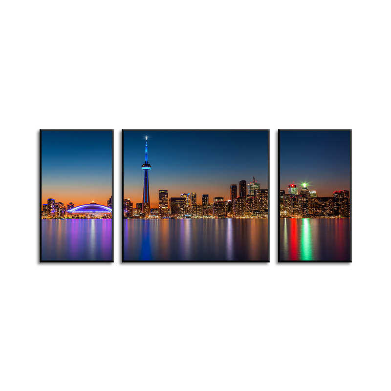 轻奢客厅装饰画沙发背景墙挂画现代简约大气三联画夜景海岸挂画