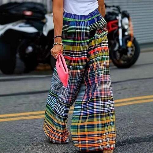 LIVE Women's Loose Wide Leg Checkerboard Printed Casual