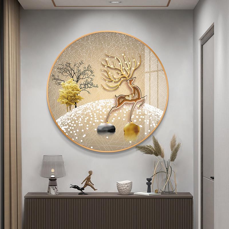 高档入户玄关装饰画现代简约轻奢麋鹿餐厅壁画走廊过道圆形挂画图片