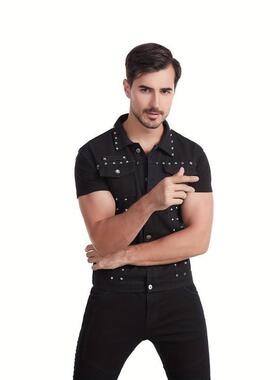 U 13095 Men's punk studded denim vest 士朋克铆钉牛仔马甲