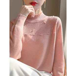 类蕾丝边减龄针织1219e 钩针串珠高领毛衣时尚 2025秋冬新款 女式