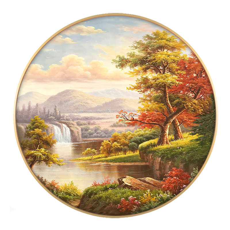 聚宝盆装饰画圆形挂画餐厅风景油画山水画客厅玄关走廊过道壁画图片