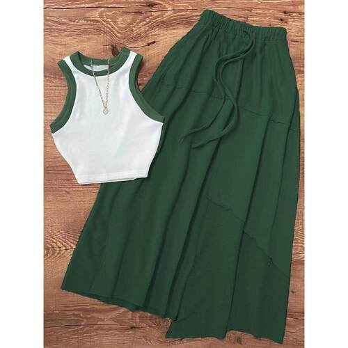 I 13339 ODL Series Color Block Top A-Line Skirt Set 撞色背心