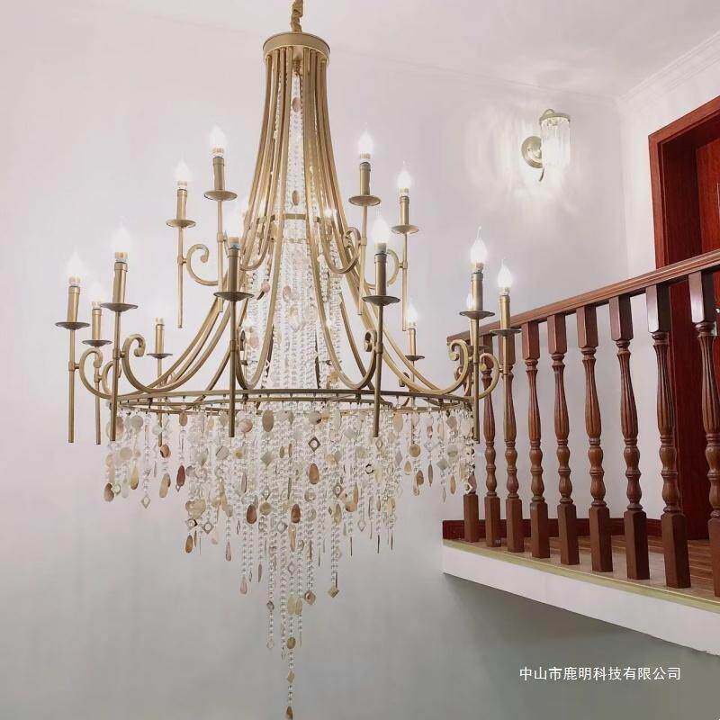 美式复古全铜蜡烛吊灯法式轻奢中古乡村田园风别墅客厅卧室挑空灯