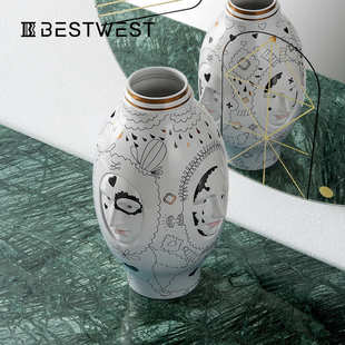 设计师软装 Best west 彩绘人脸浮雕陶瓷花瓶摆件 饰品 陶罐花器装