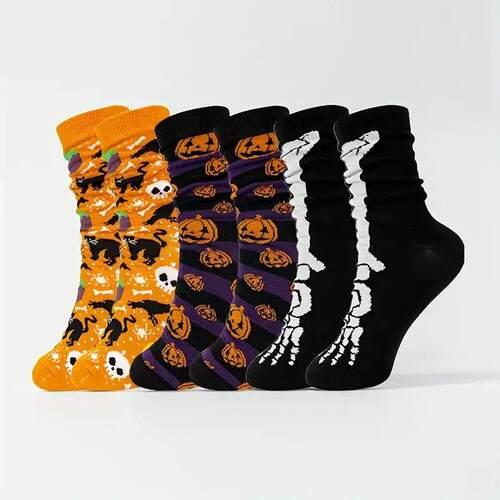 5pcs Halloween Skull Pumpkin Socks万圣节骷髅南瓜卡通休闲袜子