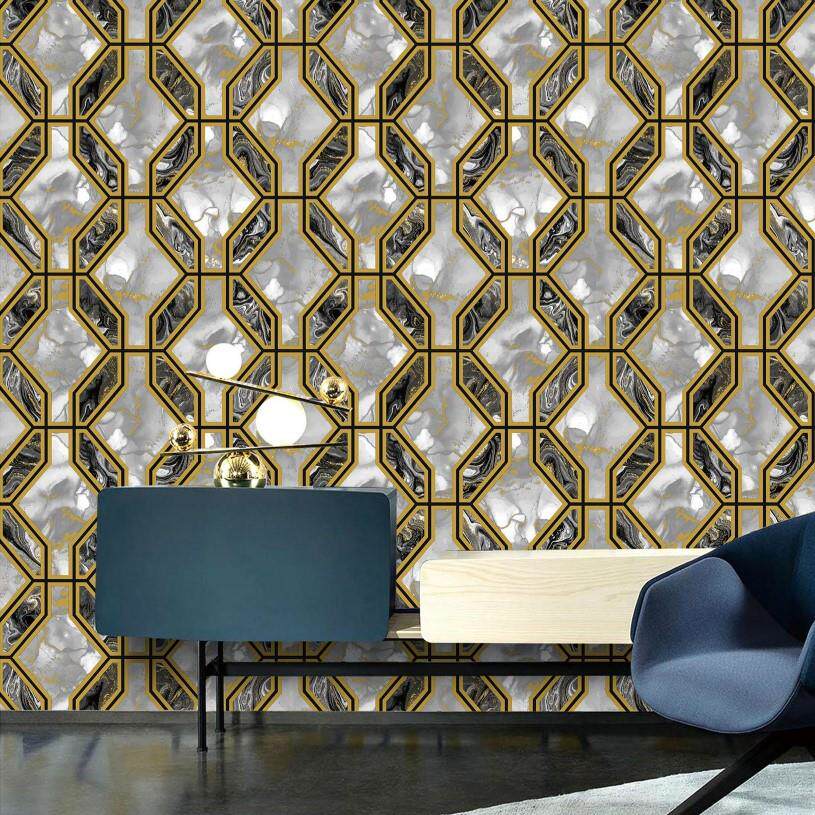 3D立体几何抽象波浪纹PVC壁纸客厅背景酒吧餐厅复古金边墙纸出口