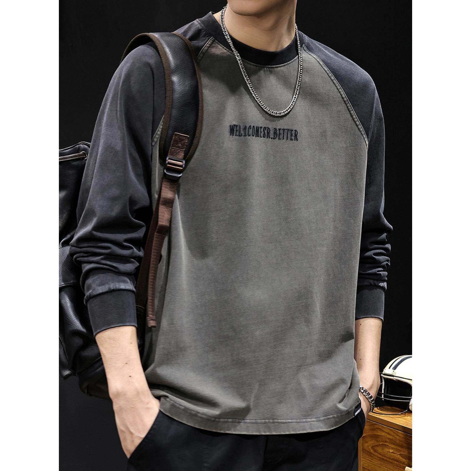 美式休闲复古拼色长袖t恤男士春秋薄款高端潮牌字母圆领纯棉内搭