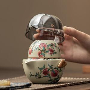 仿古汝窑九桃旅行茶具便携式泡茶套装一壶二杯开片可养功夫快客杯