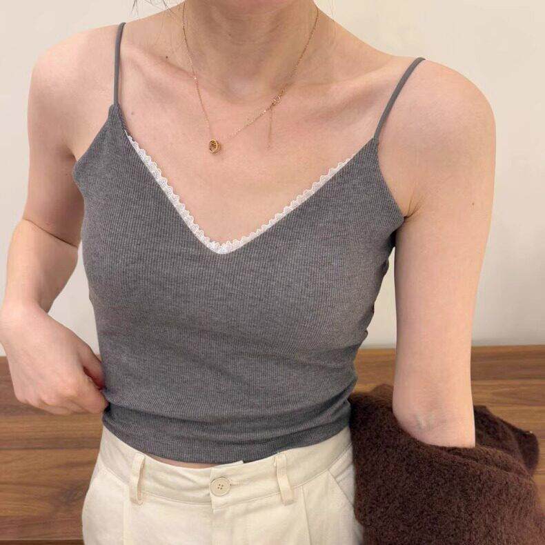 蕾丝v领大露背美背吊带背心女带胸垫免穿文胸可外穿内搭打底上衣